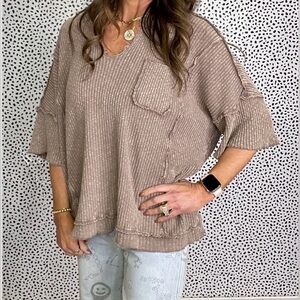 EASEL Brown Raw Hem V-Neck Oversized Shirt
